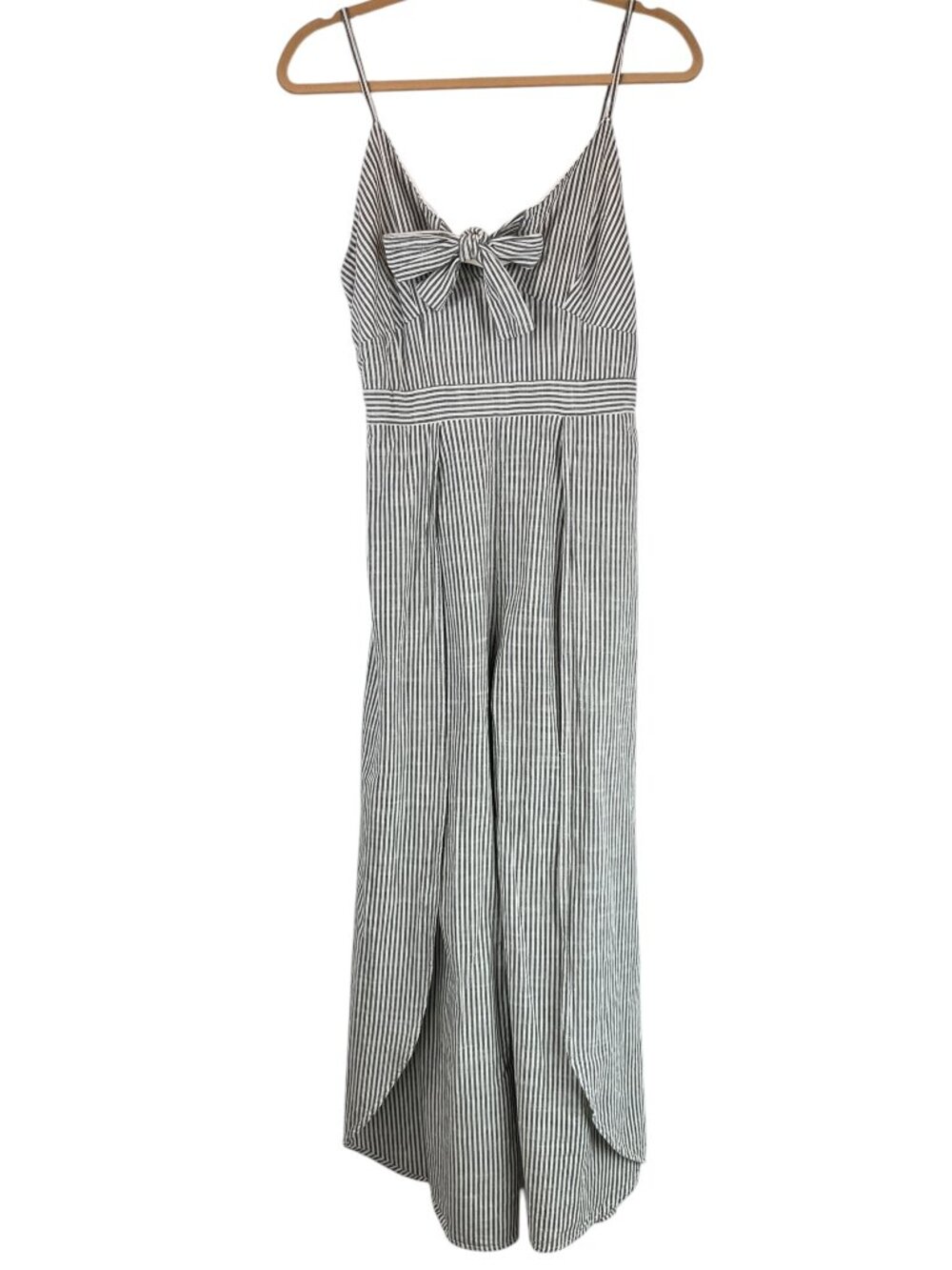 Japna Striped Wide Split Leg Jumpsuit Tie Front Smocked Back 100% Cotton Sz M